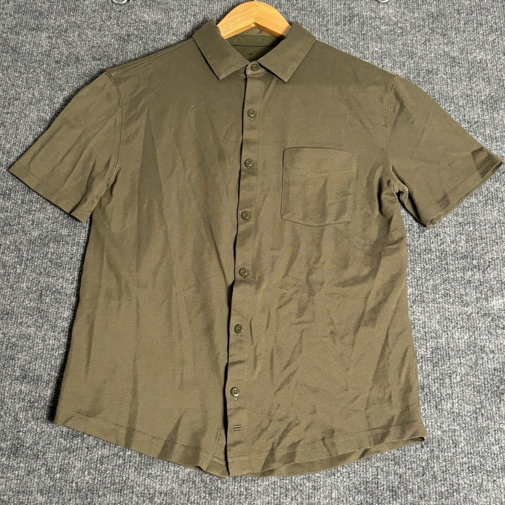 Fabletics Womens XS Olive Green Pique Knit Short Sleeve Button Down Shirt Pocket